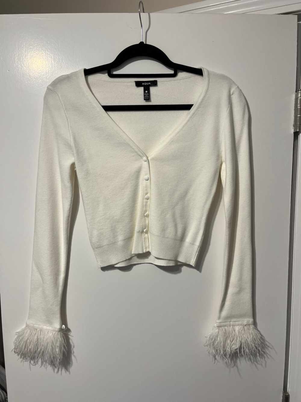Aqua Ivory Feather-Trim Button Cardigan - New